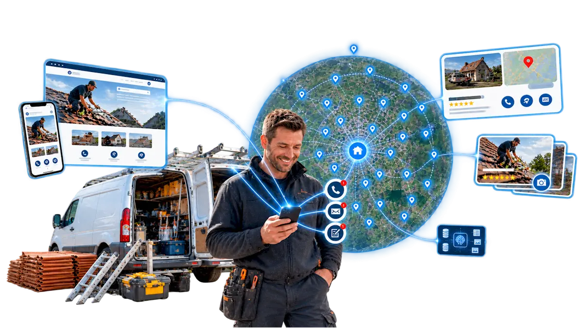 Artisan couvreur avec sa camionnette, site internet mobile et carte de sa zone d'intervention
